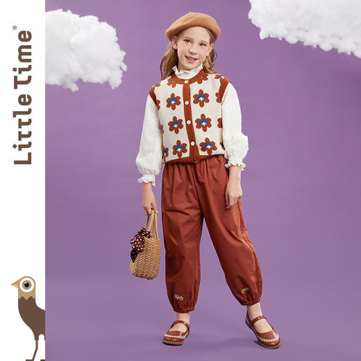 littletime女童裤子春秋2022原创绣花图案长裤新款儿童休闲阔腿裤 商品图4