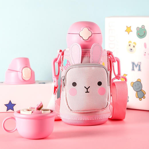 BEDDYBEAR杯具熊 儿童礼物卡通兔子不锈钢保温杯四叶草粉色多用吸管背带水杯 630ml 商品图0