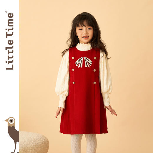 littletime女童毛呢背心连衣裙新款红色童裙女大童春秋保暖背心裙 商品图0
