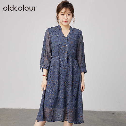 oldcolour2021秋季商场同款V领高腰显瘦大方碎花连衣裙N31103110 商品图0