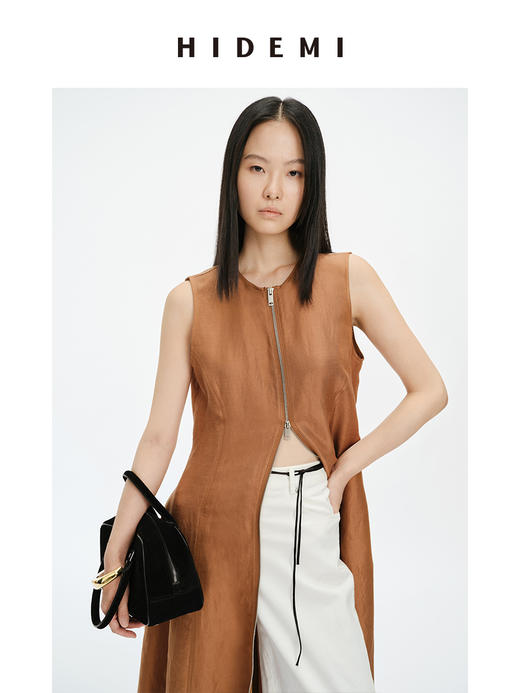 HIDEMI 简约设计感圆领拉链式收腰显瘦亚麻连衣裙 黑色/咖啡色 商品图6