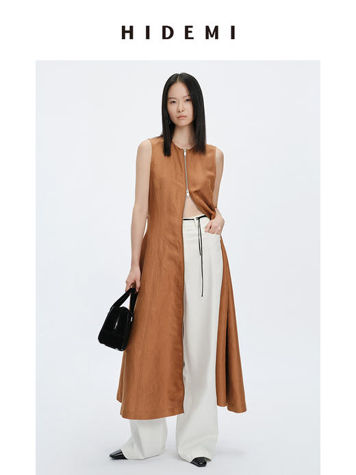 HIDEMI 简约设计感圆领拉链式收腰显瘦亚麻连衣裙 黑色/咖啡色 商品图4