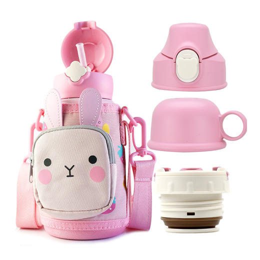 BEDDYBEAR杯具熊 儿童礼物卡通兔子不锈钢保温杯四叶草粉色多用吸管背带水杯 630ml 商品图4