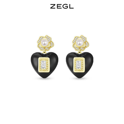 ZEGL设计师山茶花系列黑色爱心小香风耳环女银针复古耳钉夏季耳饰 商品图0