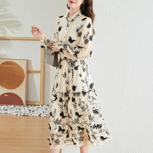 优雅通勤，蝴蝶刺绣真丝长袖连衣裙SM-82298701 商品图2