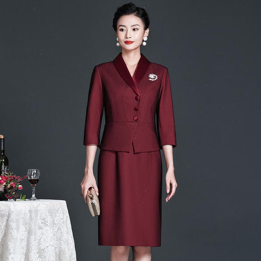 ZY-Q6126秋装新款时尚端庄气质酒红假两件连衣裙 商品图0