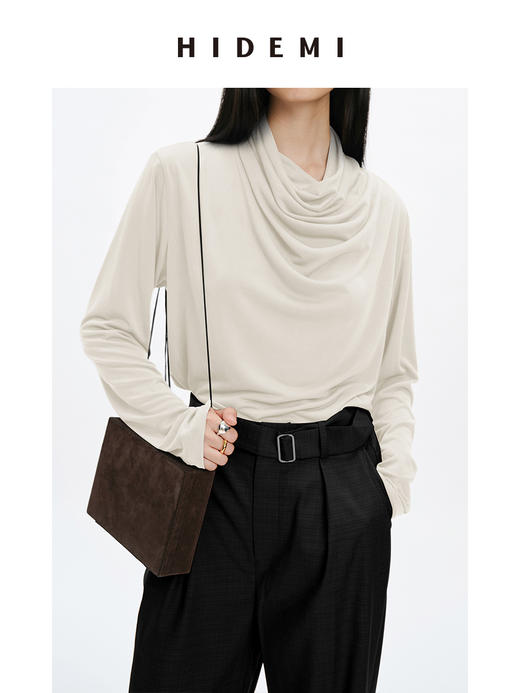 HIDEMI 亲肤柔润感涟漪堆堆领针织上衣 米色/藕粉色/灰蓝色 商品图6
