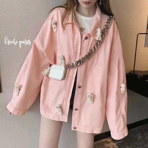 送小熊韩版纯色港风外套女学生秋季新款复古宽松百搭夹克工装上衣 商品图0