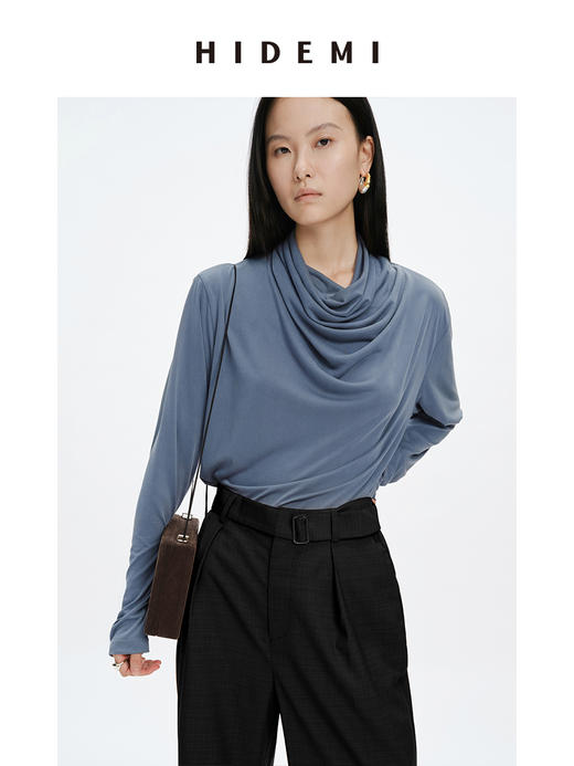 HIDEMI 亲肤柔润感涟漪堆堆领针织上衣 米色/藕粉色/灰蓝色 商品图4
