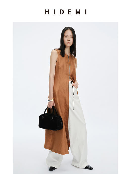 HIDEMI 简约设计感圆领拉链式收腰显瘦亚麻连衣裙 黑色/咖啡色 商品图5
