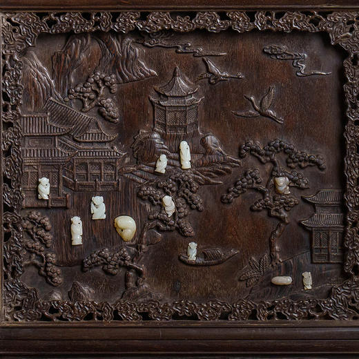 清 紫檀镶鸡翅木嵌玉山水人物故事插屏 商品图2