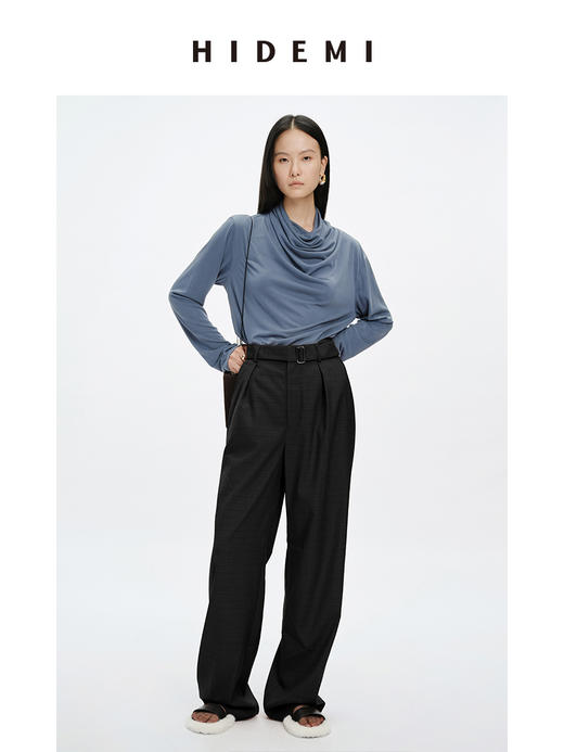 HIDEMI 亲肤柔润感涟漪堆堆领针织上衣 米色/藕粉色/灰蓝色 商品图3