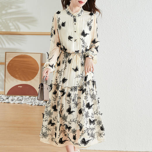 优雅通勤，蝴蝶刺绣真丝长袖连衣裙SM-82298701 商品图0