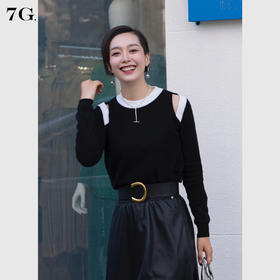 QG22351#拼色羊毛露肩针织衫