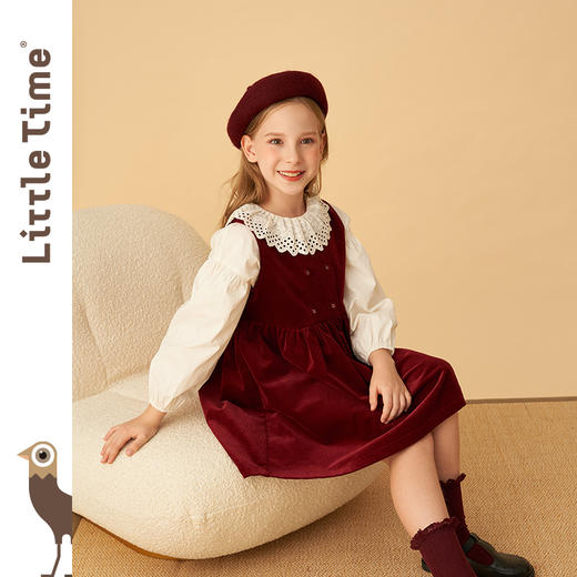 littletime女童连衣裙2022秋季新款女大童丝绒红裙儿童复古背心裙 商品图2