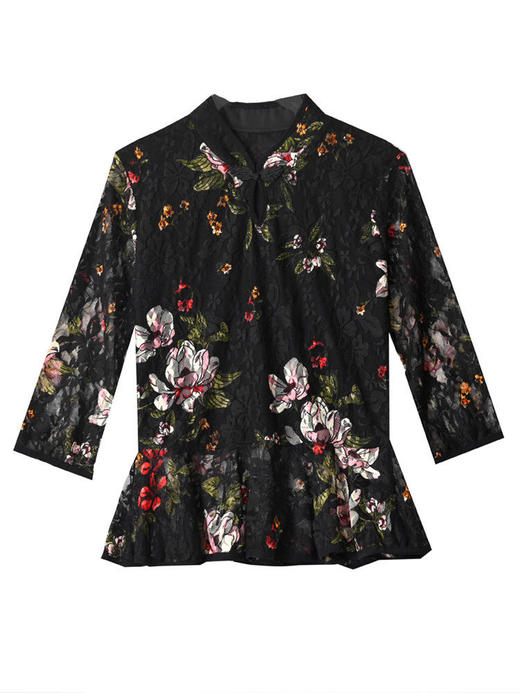 2022新款小衫收腰裙摆上衣女贵夫人漂亮碎花蕾丝衬衫女七分袖MZ804036 商品图4