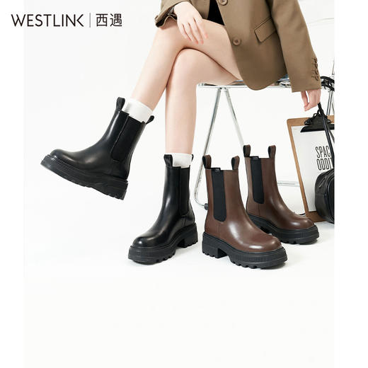 西遇厚底烟筒靴女秋冬季新款女鞋粗跟复古切尔西马丁靴女D1923697 商品图0