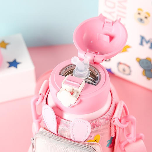 BEDDYBEAR杯具熊 儿童礼物卡通兔子不锈钢保温杯四叶草粉色多用吸管背带水杯 630ml 商品图1