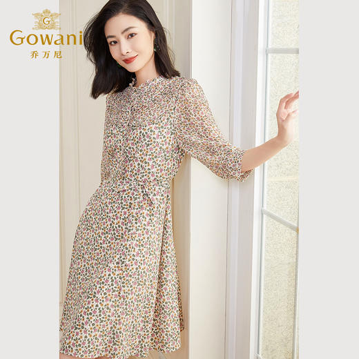 乔万尼春新款复古印花圆领桑蚕丝长袖连衣裙EF3E903 商品图2