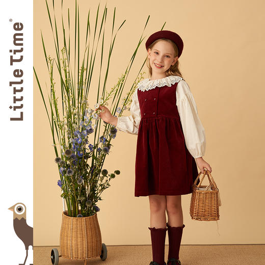 littletime女童连衣裙2022秋季新款女大童丝绒红裙儿童复古背心裙 商品图0