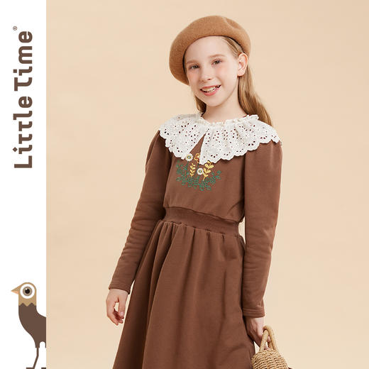 littletime女童连衣裙2022春秋新款女大童森系复古泡泡袖绣花长裙 商品图0
