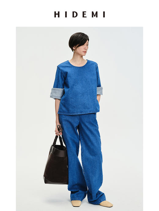 HIDEMI “重塑单宁”可再生环保牛仔系列圆领廓形上衣 商品图4