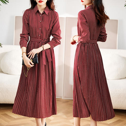 秋冬新款，长袖衬衫领松紧腰长款波点百褶裙学院风连衣裙HR-SYY2017A 商品图5