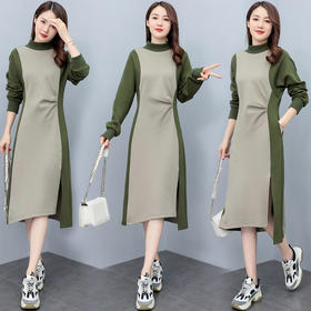 秋季通勤，中长款长袖高领拼接显瘦减龄连衣裙HR-HYGG8605