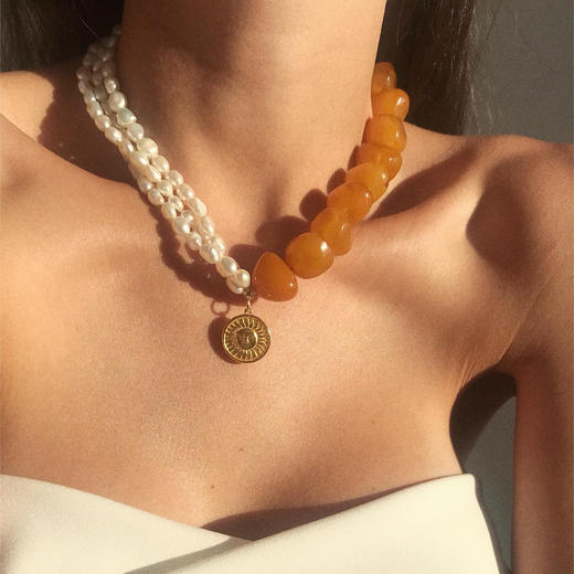 订购7周到｜Barbóra-Reflections-太阳金币 琥珀石 珍珠 项链［希腊设计师] 商品图4