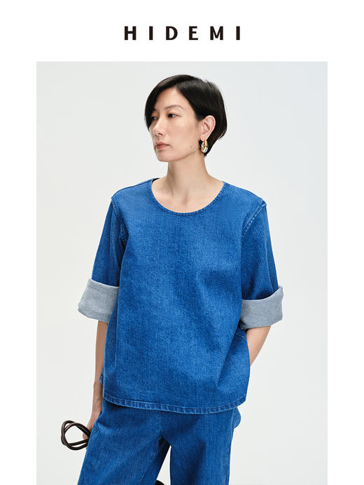HIDEMI “重塑单宁”可再生环保牛仔系列圆领廓形上衣 商品图0