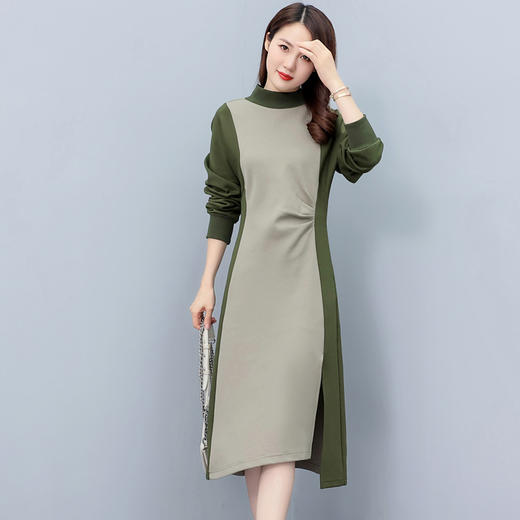 秋季通勤，中长款长袖高领拼接显瘦减龄连衣裙HR-HYGG8605 商品图6