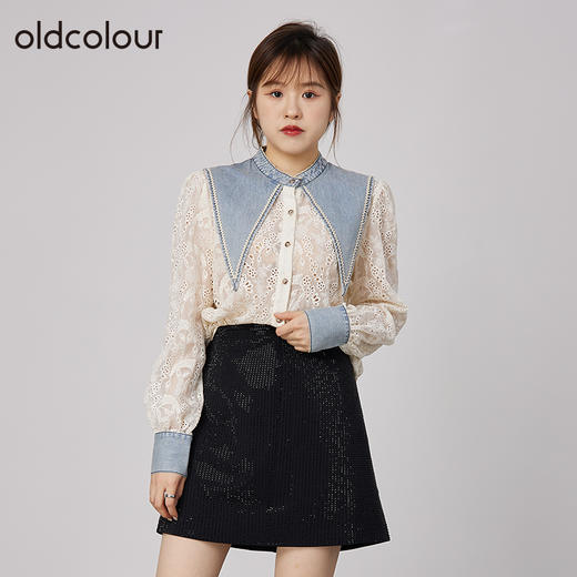 oldcolour2021秋商场同款牛仔领拼接蕾丝洋气时尚衬衫女N32013263 商品图0