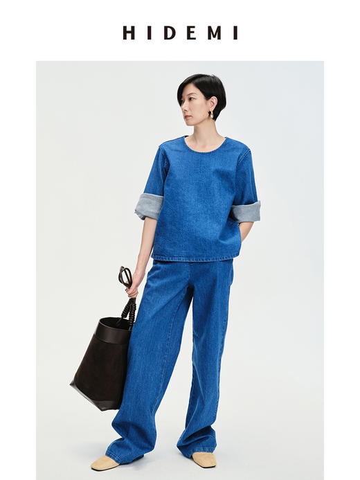 HIDEMI “重塑单宁”可再生环保牛仔系列圆领廓形上衣 商品图5