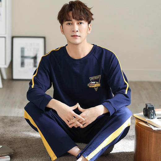 新品纯棉男士睡衣长袖长裤可外穿圆领透气两件套家居服男 商品图3