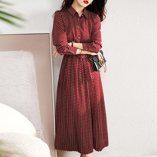 秋冬新款，长袖衬衫领松紧腰长款波点百褶裙学院风连衣裙HR-SYY2017A 商品图9