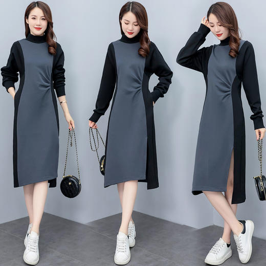 秋季通勤，中长款长袖高领拼接显瘦减龄连衣裙HR-HYGG8605 商品图1