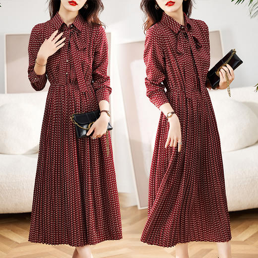 秋冬新款，长袖衬衫领松紧腰长款波点百褶裙学院风连衣裙HR-SYY2017A 商品图4