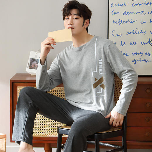 新品纯棉男士睡衣长袖长裤可外穿圆领透气两件套家居服男 商品图1