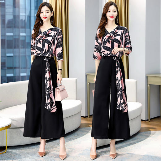 秋季新款时尚休闲套装女印花衬衫阔腿裤显瘦气质两件套HR-WH82259 商品图2