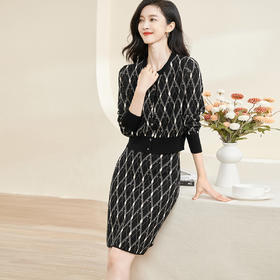 剩L 米思阳2024秋季新款精致优雅气质套装菱形图案上衣半裙两件套3104