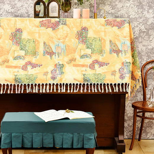 杏黄唐彩全罩法式防尘钢琴罩复古琴凳罩 商品图2