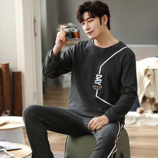 新品纯棉男士睡衣长袖长裤可外穿圆领透气两件套家居服男 商品图2