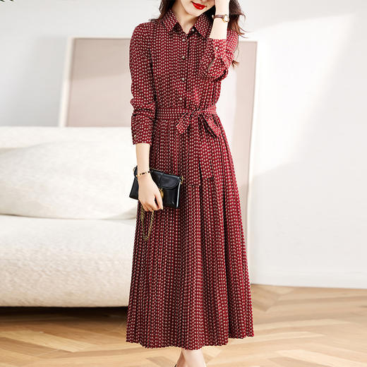 秋冬新款，长袖衬衫领松紧腰长款波点百褶裙学院风连衣裙HR-SYY2017A 商品图3