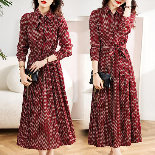 秋冬新款，长袖衬衫领松紧腰长款波点百褶裙学院风连衣裙HR-SYY2017A 商品图6