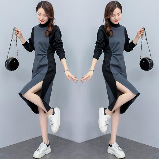 秋季通勤，中长款长袖高领拼接显瘦减龄连衣裙HR-HYGG8605 商品图2