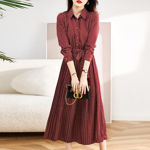 秋冬新款，长袖衬衫领松紧腰长款波点百褶裙学院风连衣裙HR-SYY2017A 商品图0