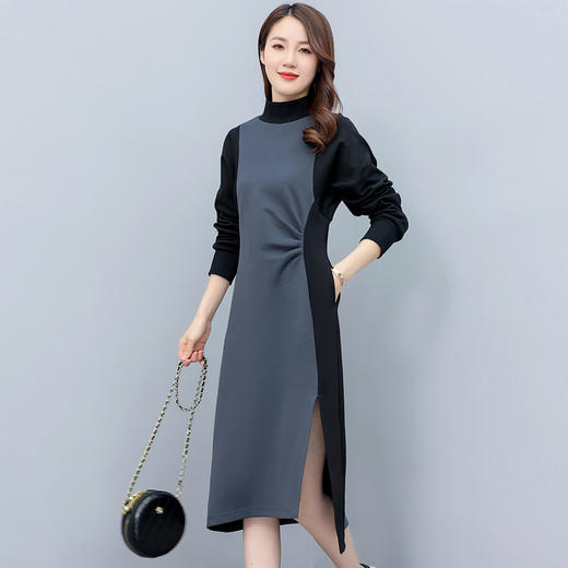 秋季通勤，中长款长袖高领拼接显瘦减龄连衣裙HR-HYGG8605 商品图4