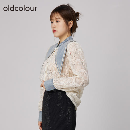 oldcolour2021秋商场同款牛仔领拼接蕾丝洋气时尚衬衫女N32013263 商品图1