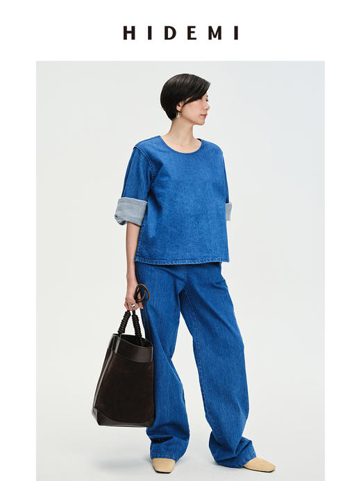 HIDEMI “重塑单宁”可再生环保牛仔系列圆领廓形上衣 商品图6