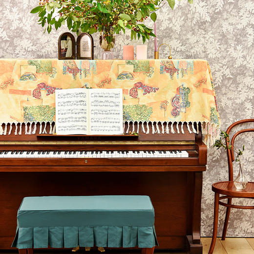 杏黄唐彩全罩法式防尘钢琴罩复古琴凳罩 商品图0